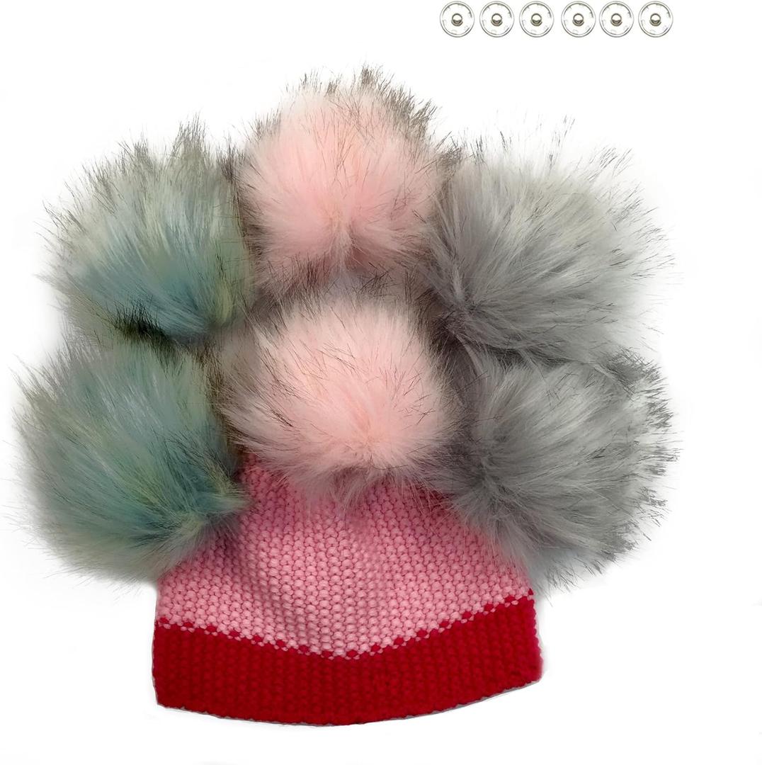 Furryvalley Faux Fur Pompom 6pcs DIY Crafts Fluffy Balls for Hat Shoes Scarves with Snap Fastener Removable Knitting Hat Horse Riding Hat Silk Accessories 6 Inch Extra Large (3 Popular Mix Colors)