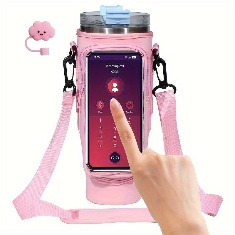 B WELL Water Bottle Sling Bag. Pink. Convenient Phone Pocket. Adjustable Strap