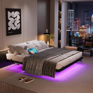 Floating Bed Frame with LED Lights and Charging Station, 14 Inch King Size Floating BedFrame - Modern King Size Bed Frame Easy Assembly No Box Spring Needed
