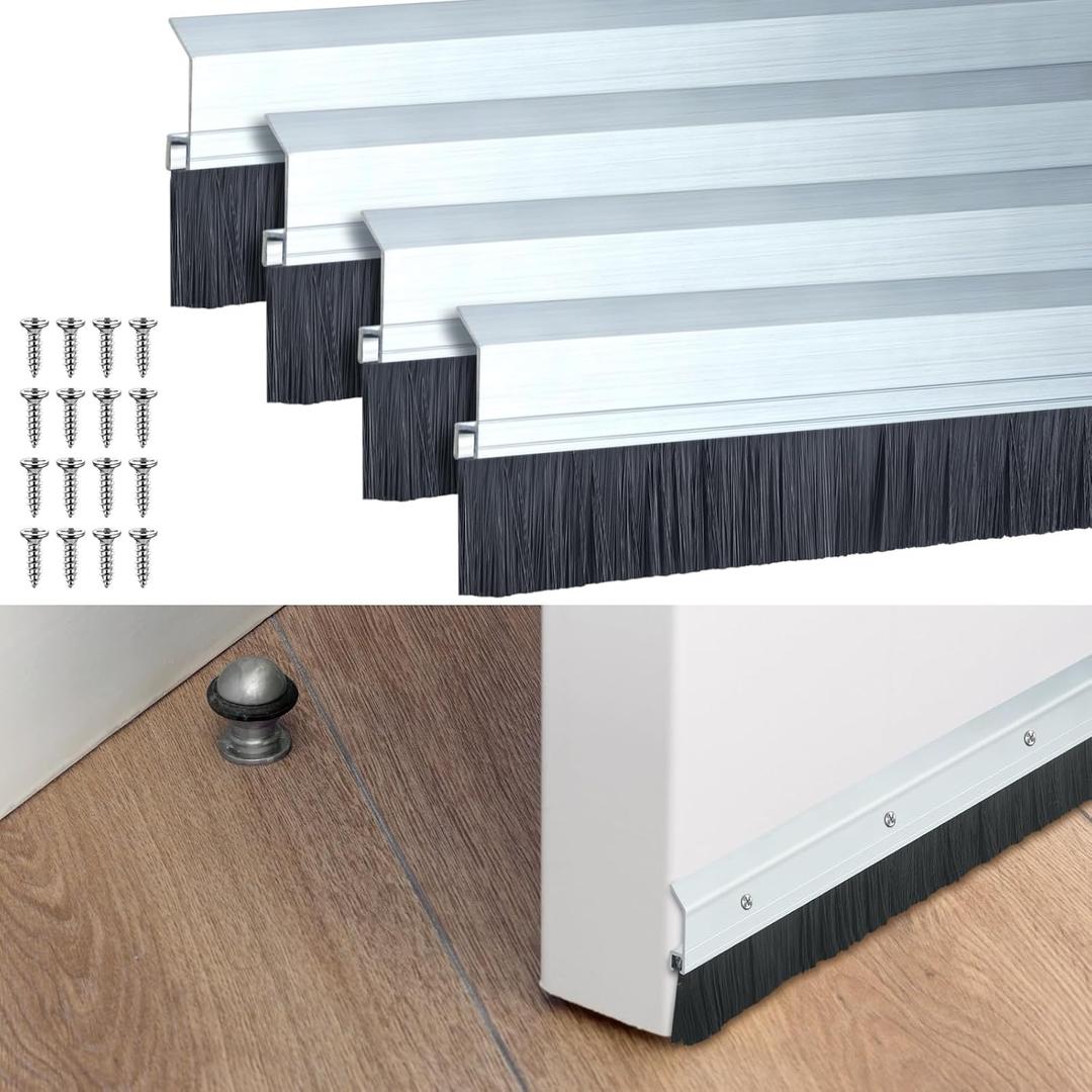 Hushee 4 Pcs 2x36 Inches Brush Door Sweep for Exterior, Aluminum Commercial Door Sweep Bottom All-Season Alloy Brush for Exterior and Interior Sealing Gaps Keeps Out Cold Air, Dust (Silver and Black)
