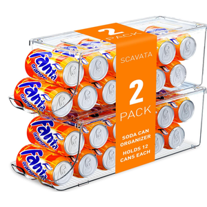 SCAVATA 2 Pack Skinny Can Organizer for Refrigerator, Stackable Tall Skinny Soda Pop Can Holder Dispenser with Lid for Fridge Pantry Rack Freezer, Clear Plastic Storage Bins-Holds 12 Slim Cans Each