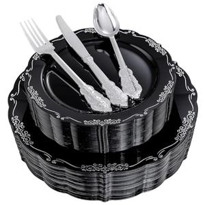 DaYammi 150 Pcs Black Silver Plastic Plates & Silver Plastic Silverware,Black silver Disposable plates for Include 30 Dinner Plate,30 Dessert Plate,30 Knives,30 Forks,30 Spoons for Party Wedding