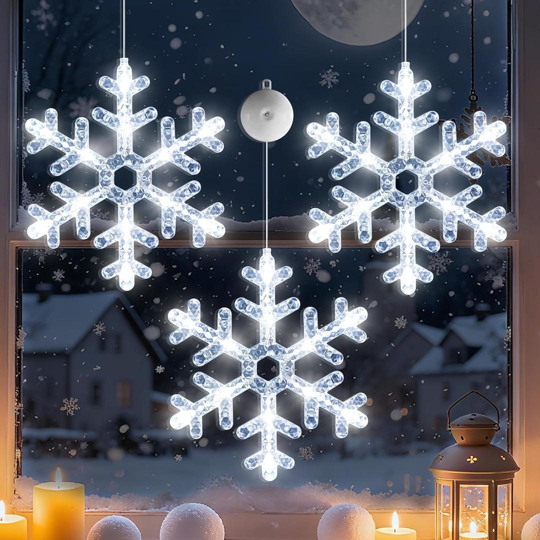 LYUBASA 3Pack Christmas Window Lights Decorations with Timer,Battery Powered White Lighted Snowflake Shaped LED String Sucker for Xmas 2026 Hanging Fireplace Window Indoor Decor