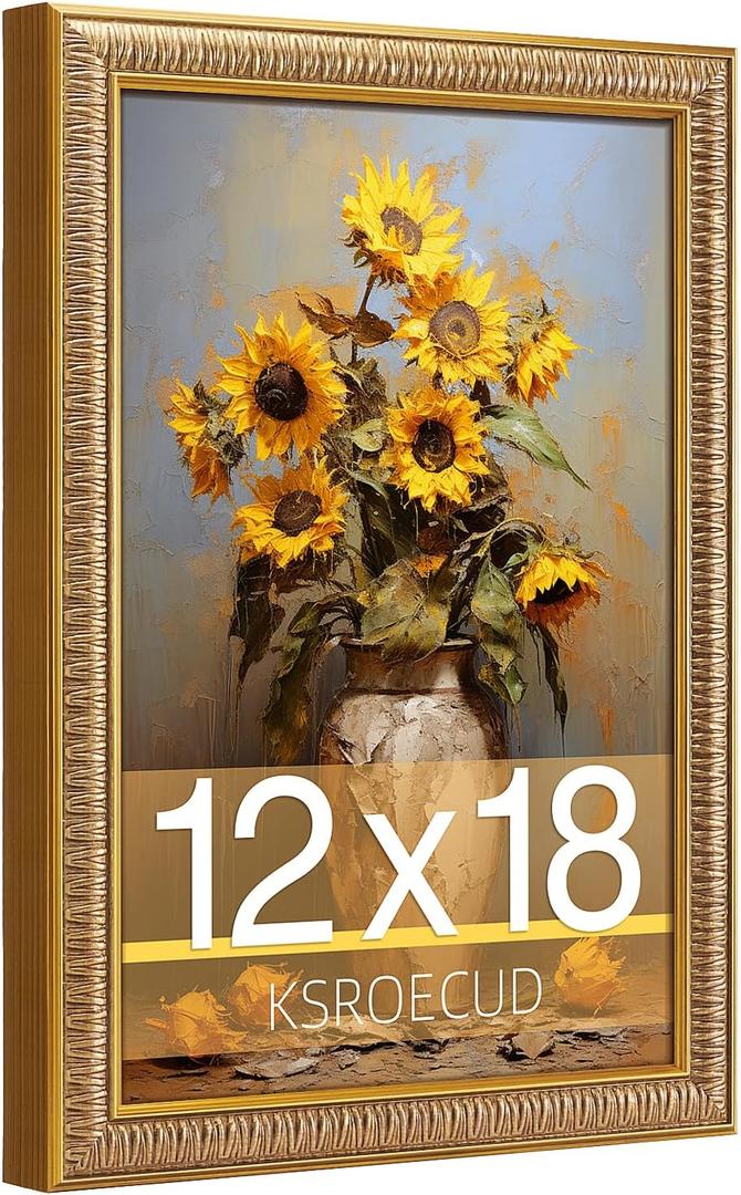 2 x 12x18 Picture Frame, HD Real Glass 12x18 Vintage Photo Frame, 12 by 18 Poster Frame with Gold Border Horizontal & Vertical Display for Tabletop or Wall Decor (1 Pack)