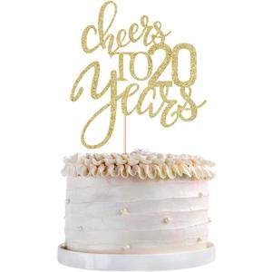 Qertesl Gold Glitter Cheers to 20 years Cake topper, Happy 20th Birthday Cake Decorations, Perfect for 20 Years Cake Decorating, Wedding/ Anniversary Party Decorating Supplies 