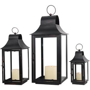 Lanterns Decorative Indoor & Outdoor, 22'' 16'' 11'' Large Candle Lanterns Decorative for Front Porch, Metal Frame Square Holders with Glass, Vintage Patio, Garden, Yard Spring Decor