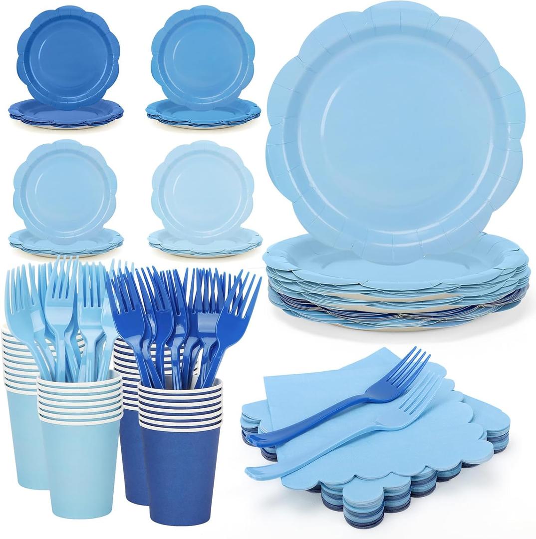 192Pcs Blue Paper Plates and Napkins, 9 Inch Light blue Party Plates Disposable Gradient Blue Party Supplies Decorations for Birthday, Baby Shower, Wedding, Servers 48 Guests