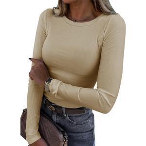 Roselux Womens Long Sleeve Stretch Crewneck Ribbed T-Shirt Fitted Casual Basic Tops (Medium, Beige)