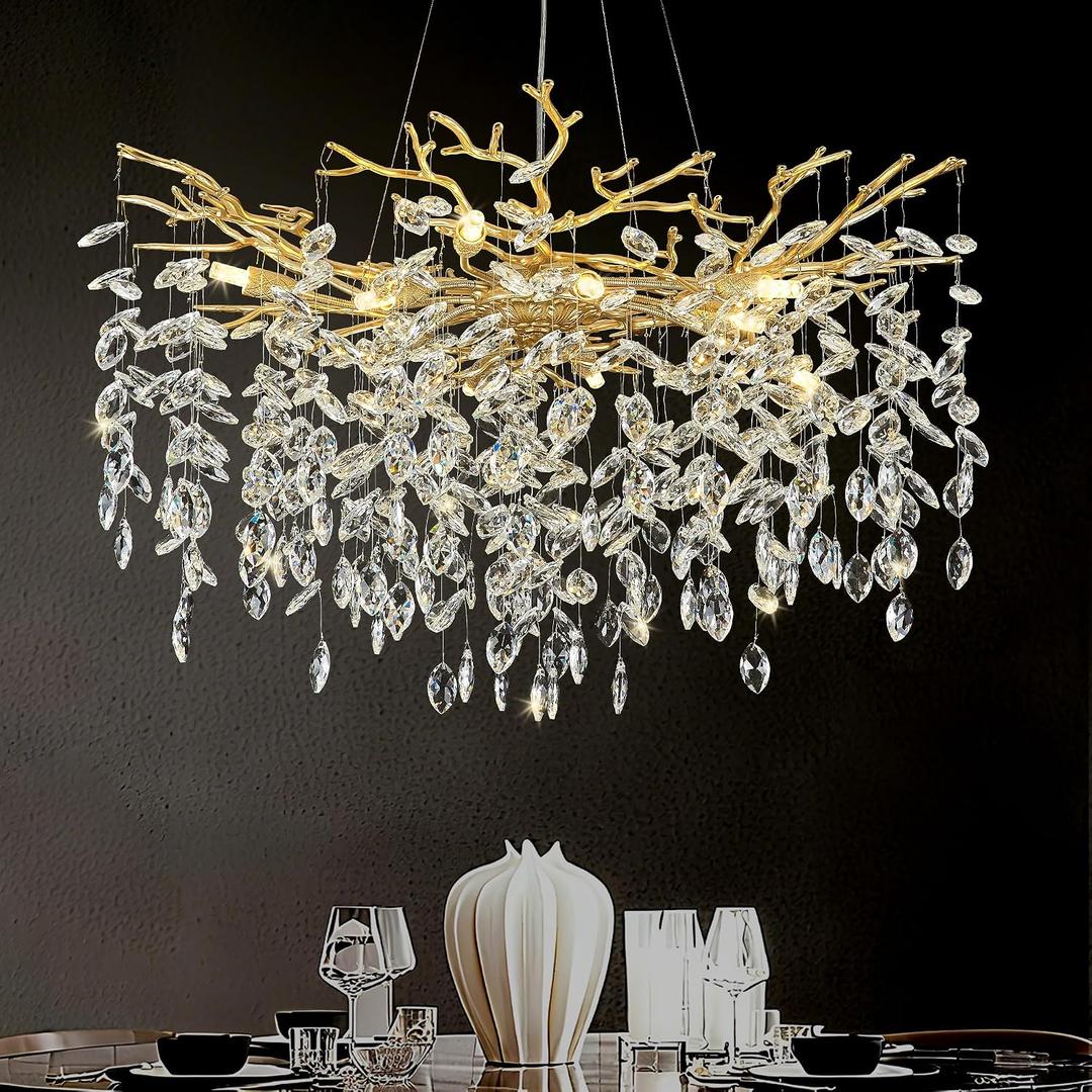 23.6" Tree Branch Chandelier Gold 8-Light Crystal Chandelier