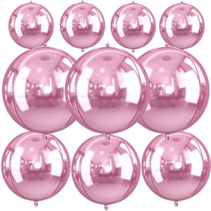 10Pcs Pink Round Foil Balloons, 22" 18" 15" 4D Helium Sphere Balloon, Metallic Light Pink Foil Baloon for Graduation Birthday Wedding New Year 2026 Disco Anniversary Party Decorations