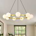 9-Light Brass Sputnik Chandeliers, White Globe Ceiling Light Fixture Over Table, Mid Century Large Gold Wagon Wheel Chandelier for High Ceiling Living Room Kitchen Island Foyer