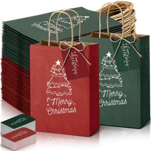 Jaloro 120 Set Christmas Paper Gift Bags with 120 Xmas Gift Tags Red and Green Treat Bags Merry Christmas Favor Goodie Kraft Paper Sack with Handles for Xmas Party Wedding Baby Shower Bridal Shower
