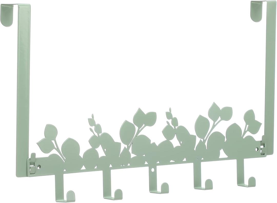 Eucalyptus Over The Door Hooks Hanger Wall Mount Towel Hanger Door Holder Organizer 5 Hooks Kawaii Farmhouse Rustic Coquettish Style Decor for Bedroom Bathroom Towel Hat Clothes (Sage Green)