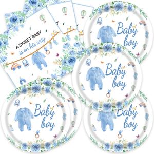 40Pcs Baby Boy Shower Decorations Blue and White Floral Plates and Napkins Set Party Supplies Serve 20 Gender Reveal Decorations (Red)