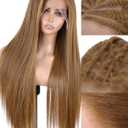 WIGNEE 13x6 Synthetic Lace Front Wig 28" Mixed Brown Wig Pre-Plucked Handmade Lace Front Wigs with Kanekalon Futura Hair Voluminous Long Straight Synthetic Wigs for Daily Party Use (Honey Blonde)