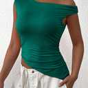 PRETTYGARDEN Womens 2025 Summer Off The Shoulder Crop Tops Sleeveless One Shoulder Ruched Asymmetrical Y2K Going Out Tank Top (Green, S)