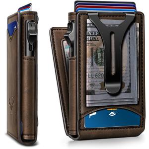 BULLIANT Men Wallet,Magnetic Metal Wallet Money Clip 9Cards Pop-up Access RFID Blocking (Coffee-4338)
