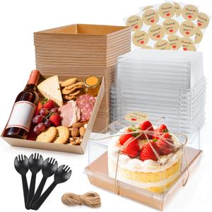 NPLUX 20 Pack Small Cake Boxes Charcuterie Boxes Mini Cake Containers With Lids For 4-6-inch Cake Pudding Sandwich Pie Bakery Dessert(Brown 7x7x4 inch)
