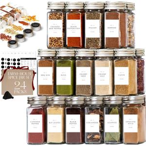 FINESSY Glass Spice Jars with Labels with Metal Lids and Shakers 24 Pack Set, 4oz Small Empty Air Tight Spice Containers with Labels, Clear Seasoning Containers Herb Bottles Kitchen Storage Organizer
