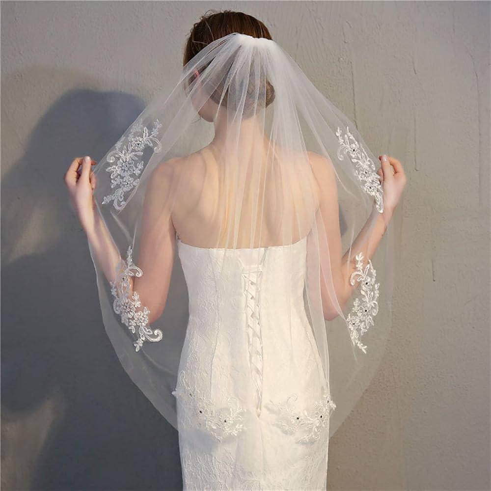 JWICOS 1 Tier Bride Wedding Veil for Women Fingertip Bridal Tulle Veil Lace with Comb and Cut Edge for Wedding Hen party (Ivory)