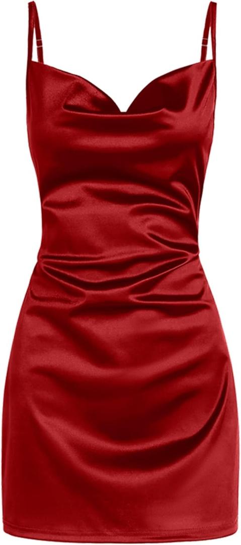 ZAFUL Women's Satin Sleeveless Spaghetti Strap Mini Dress Sexy Slip Cowl Neck Silky Cocktail Party Dresses (Red)