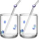 Skylety 2 Set Evil Eye Icon Juice Glass Cups - Icon Glass Cup with 2 Straw 14 oz Double Old Fashioned Cute Pattern Glassware for Tea, Water, Milk, Coffee, Halloween Parties Gifts
