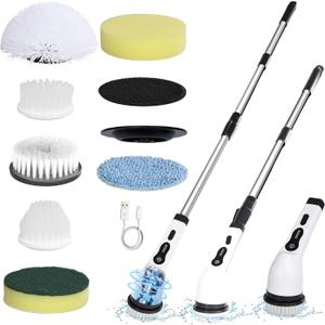 Electric Spin Scrubber Cordless Power Cleaning Brush with 8 Brush Heads Extendable Handle 3 Adjustable Size 2 Speeds IPX7 Waterproof for Bathroom and Kitchen