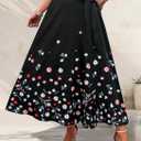 Women's Casual Elastic High Waisted Maxi Summer Skirt Tie Front A Line Floral Trendy Flowy Long Skirts with Pockets (Black, XL)