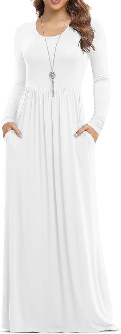 VIISHOW Women's Long Sleeve Loose Plain Maxi Dresses Casual Long Dresses with Pockets (Medium, White)