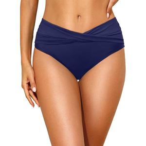 Tempt Me Women Mid Waist Bikini Bottoms - V Cut Bathing Suit Bottoms Twist Front Swimsuit Bottoms Ruched Swimwear 2025 M