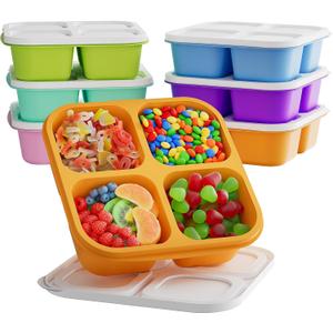 6 Pcs Bento Snack Containers, Reusable 4 Compartment Food Storage Container with Lids, Divided Lunchable Container, Freezer, Microwave & Dishwasher Safe (6 Color)