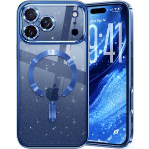 Glitter for iPhone 17 Pro Max Case with Eye-catching Integrated Lens Protection, [Sparkly Bling Back Panel] [Seamless Work with Magsafe] Cute Women Girly Magnetic Case for iPhone 17 Pro Max 6.9" Blue
