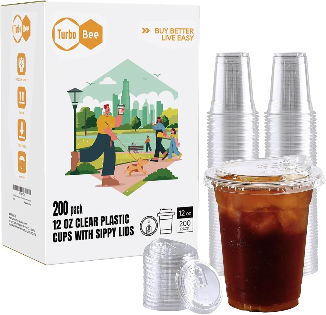 Turbo Bee 12 OZ 200 Sets Clear Plastic Cups with Strawless Sip Lids, To Go Crystal Clear Disposable Plastic Cups with Lids for Iced Coffee, Smoothies, Soda, Lemonade, Cold Beverage