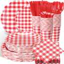 400 Pcs Gingham Party Supplies for 50 Guests Red and White Paper Plates and Napkins Knives Spoon Fork Cup Disposable Checkered Dinner Party Set Cutlery for Baby Shower Wedding Favor