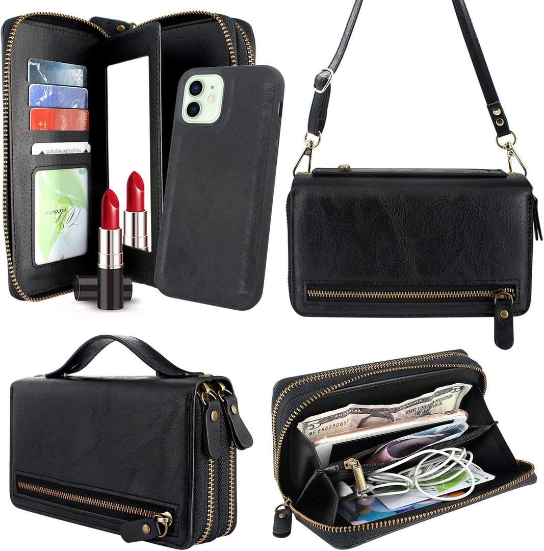 Harryshell Compatible with iPhone 12 / iPhone 12 Pro Case Wallet Multi Zipper Detachable Magnetic Cover Clutch Purse with Card Slots Mirror Crossbody Chain Wrist Strap (Black)
