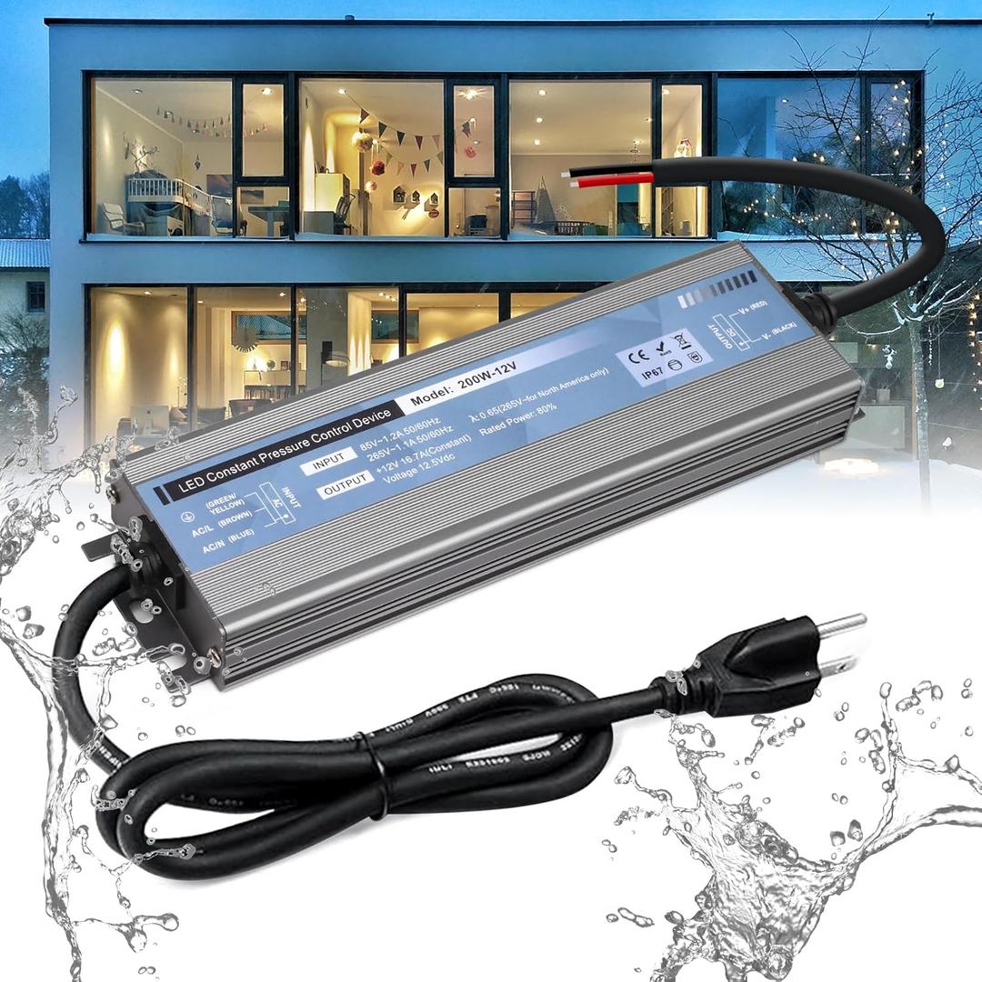 QNNP LED Driver 200 Watts 12V DC Low Voltage Transformer Waterproof IP67 Power Supply Transformer Adapter AC 100V-120V to 12V DC, LED Power Supply for Indoor Outdoor LED Lighting