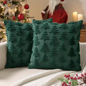 ANRODUO Set of 2 Christmas Green Decorative Pillow Covers Christmas Tree Decorations 16x16 Inch Soft Plush Faux Fur Jacquard Throw Pillows for Bedroom Sofa Holiday Festivals Winter Home Decor