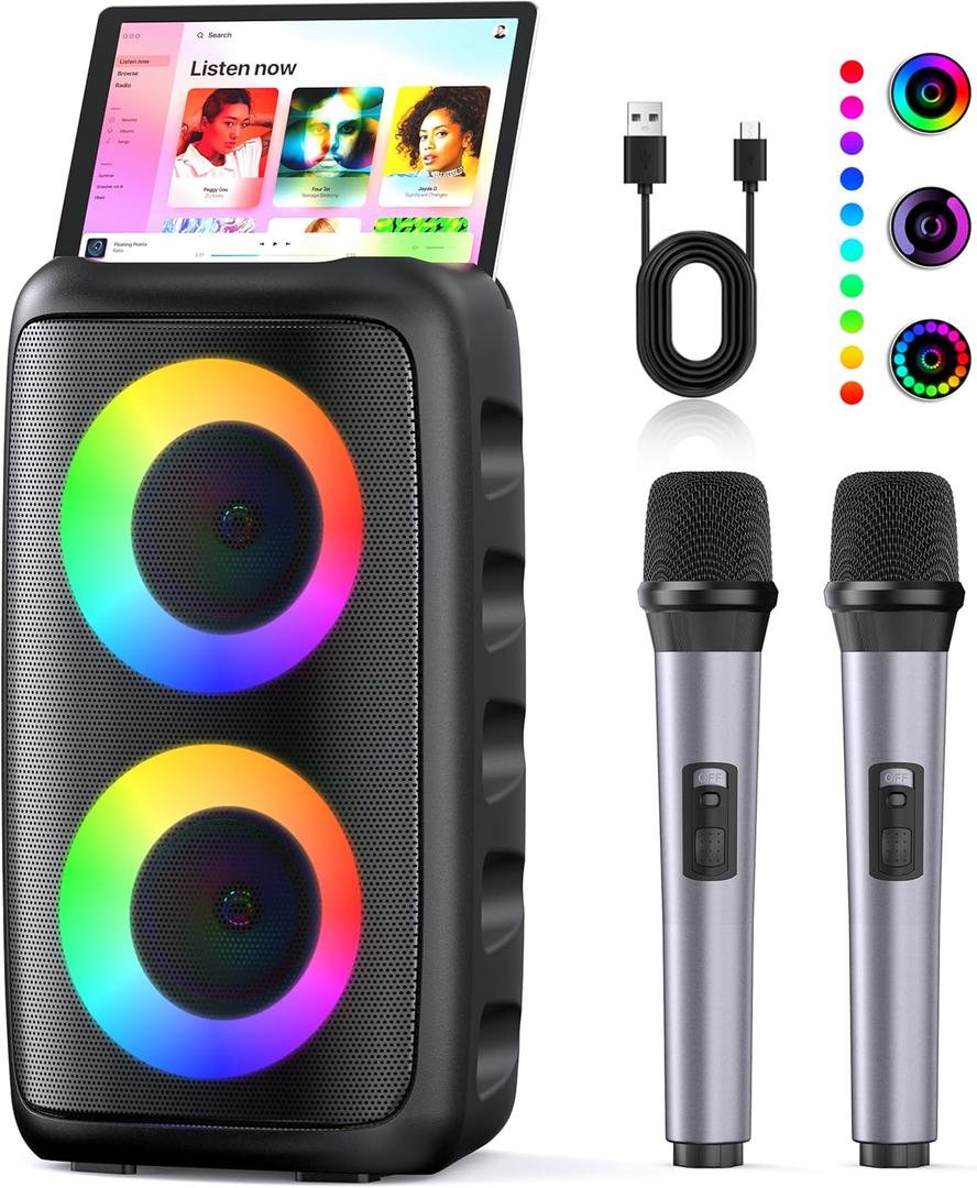 Karaoke Machine, Portable Bluetooth Karaoke Player Machine with 2 Wireless Karaoke Microphones for Adults Kids with Upgraded Subwoofer, PA System, Support TWS/TF/USB/AUX for Home Party Outdoor (Black)