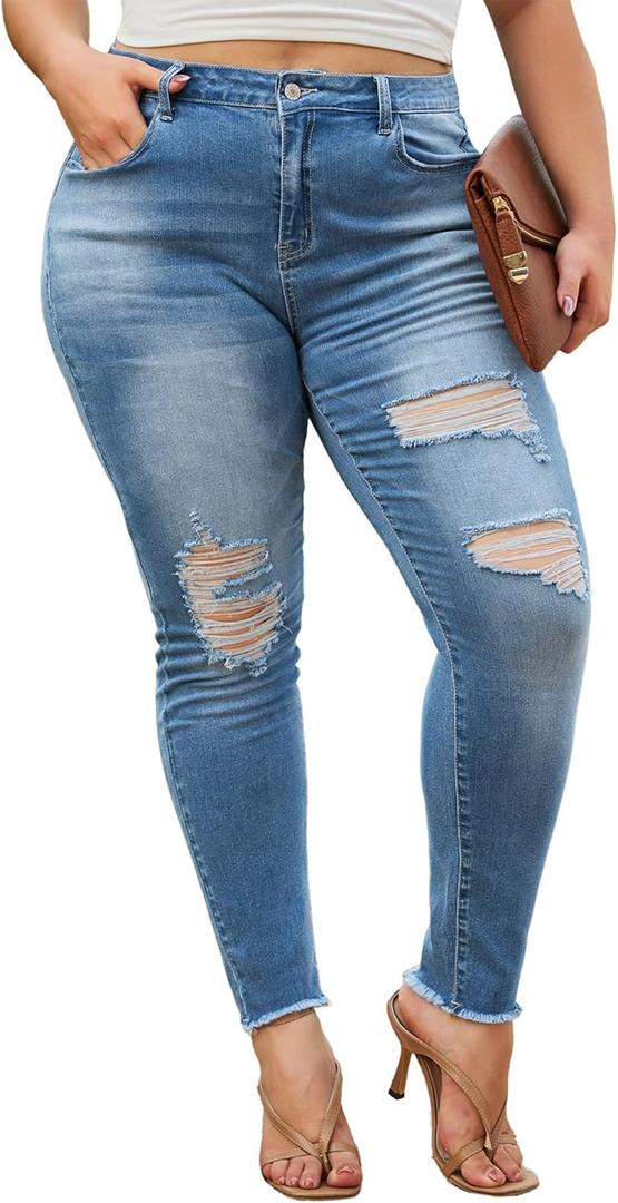 LALAGEN Women 2026 Plus Size Skinny Jeans Stretchy High Waisted Ankle Jean Destroyed Ripped Denim Pants 1X-5X (Blue, XXXL)
