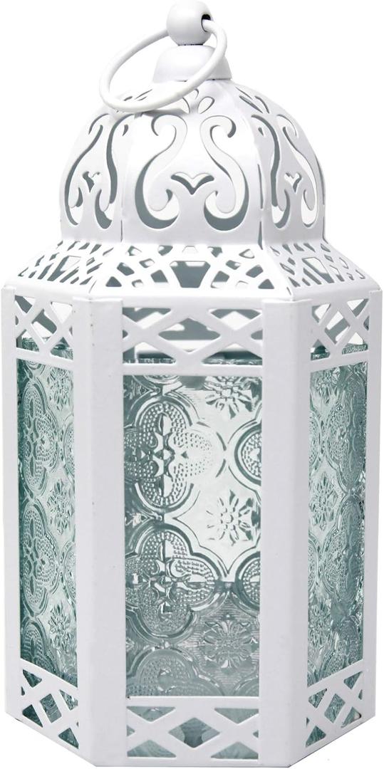 VELA LANTERNS 8.5" Small White Metal Decorative Moroccan Lantern Candle Holder Lamp - Indoor/Outdoor, Home Decor, Patio, Weddings, Ramadan Decor