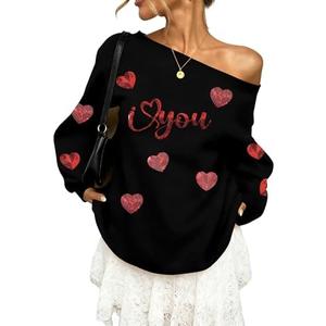 BANGELY Valentines Off Shoulder Sweatshirt Women Love Heart Long Sleeve Shirt Casual Oversized Sweatshirts Fashion Sequin Top, Large, Black