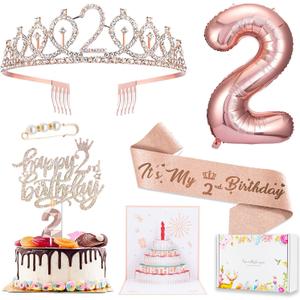 2nd Birthday Decorations for Baby Girls, Including 2 year old Birthday Cake Topper, Birthday Queen Sash with Pearl Pin, Sweet Rhinestone Tiara Crown, Number Candles and Balloons Set, Rose Gold