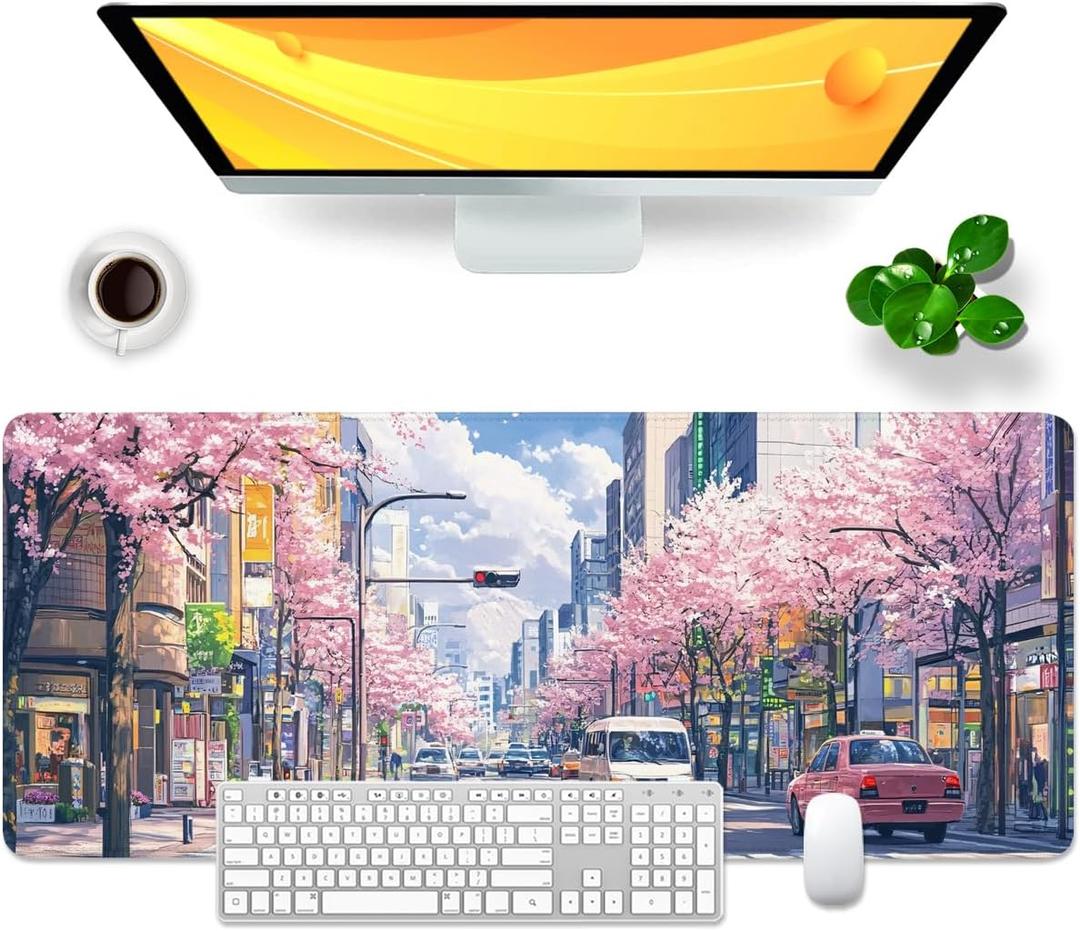 Japan Large Mouse Pad Cherry Blossom Desk Pad Anime Desk Mat XL Flower Gaming Mouse Mat 31.5x11.8x0.12 inch (Japan Streets)