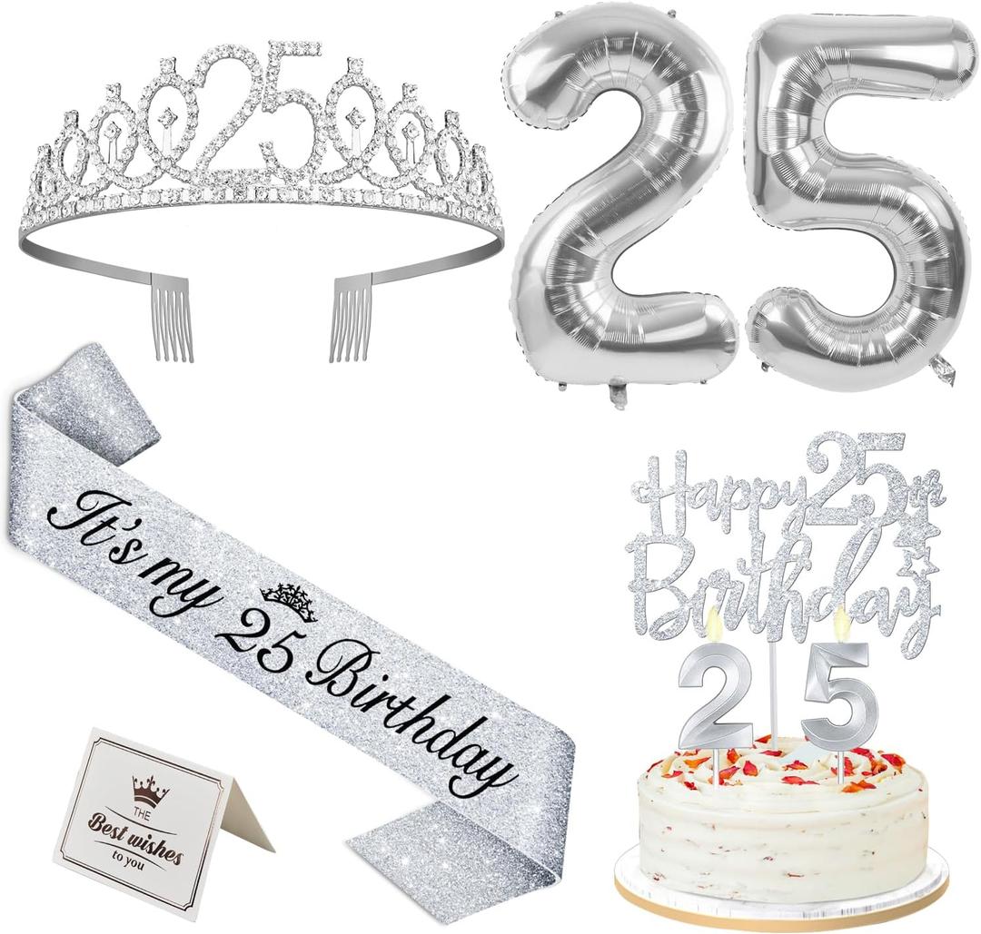 25th Birthday Decorations for Women Silver with 25th Birthday Sash and Crown, Cake Topper and Candles, Number Balloons, 25 Year Old Gifts for Women, Silver Party Decor Supplies