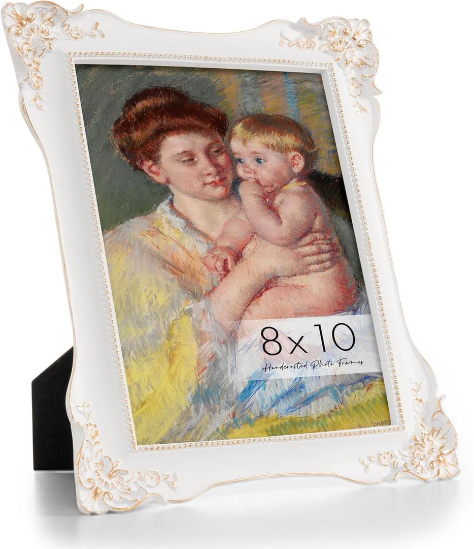 Axeman 8x10 Vintage Picture Frame | Antique 8 x 10 Picture Frame with Real Glass | Ornate Frame 8x10 for Wall & Tabletop Display | Retro White Gold 8 x 10 Frame - White