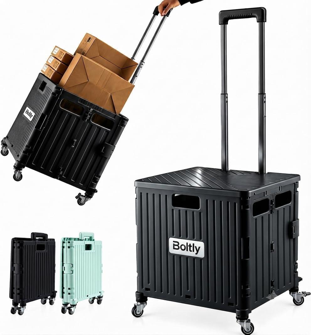 Boltly Folding Utility Cart Portable Rolling Crate Handcart Shopping Trolley Collapsible Tool Box, with Lid, Basket on 4 Rotating Wheels, for Grocery, Garden, Office, Storage, Teacher, Tool (Black)
