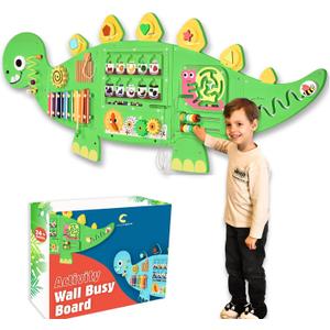 Dinosaur Activity Wall Busy Board, 12 in 1 Sensory Wall Panel for Kids, Wooden Montessori Toys, Toddler Learning Activity Center for Playroom, Daycare, Classroom, Sensory Panel for Autism (Green)