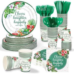 350 Pcs Tropical Wedding Bridal Shower Paper Plate Palm leaf Napkin Cup Hibiscus flower Disposable Tableware Set With Knives Fork Cheers to Love Bachelorette Party Favor for 50 Guest