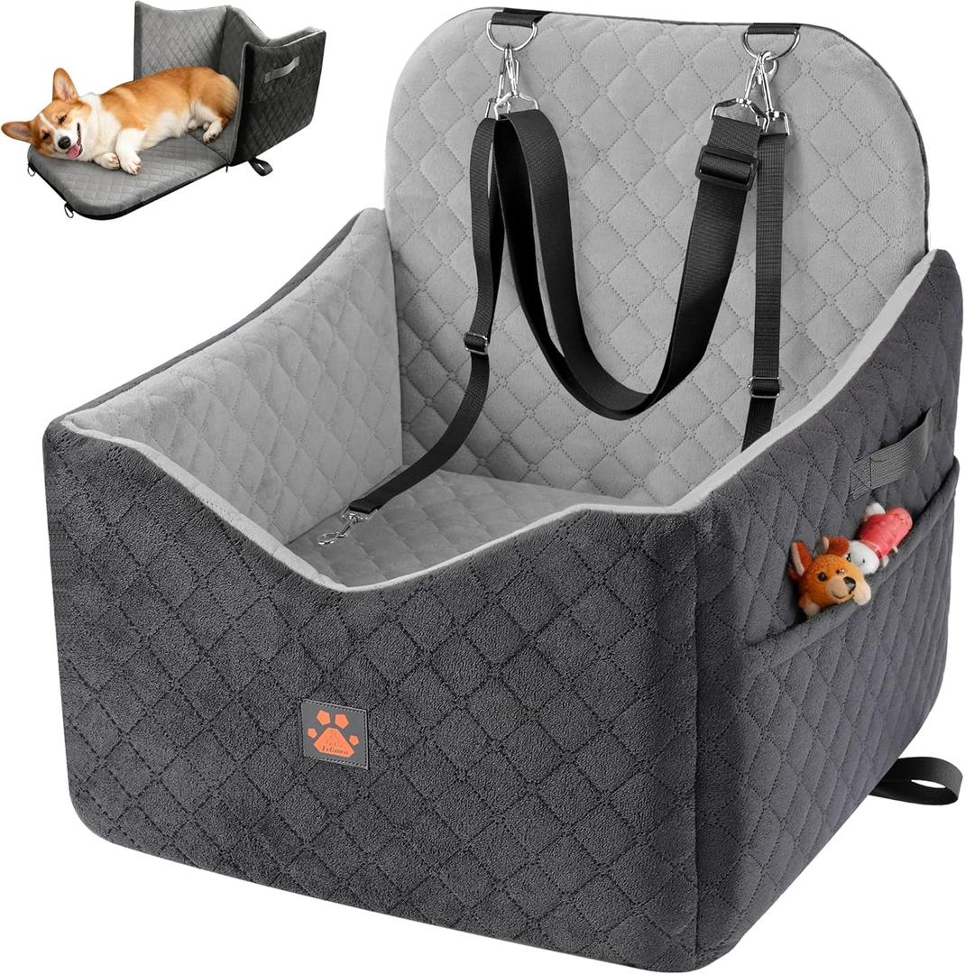 Dog Car Seats for Small/Medium Dogs, Puppy Car Seat with Thick Cushion, Detachable Washable Dog Carseat with Storage Pockets for Dogs Up to 35lbs (Grey)