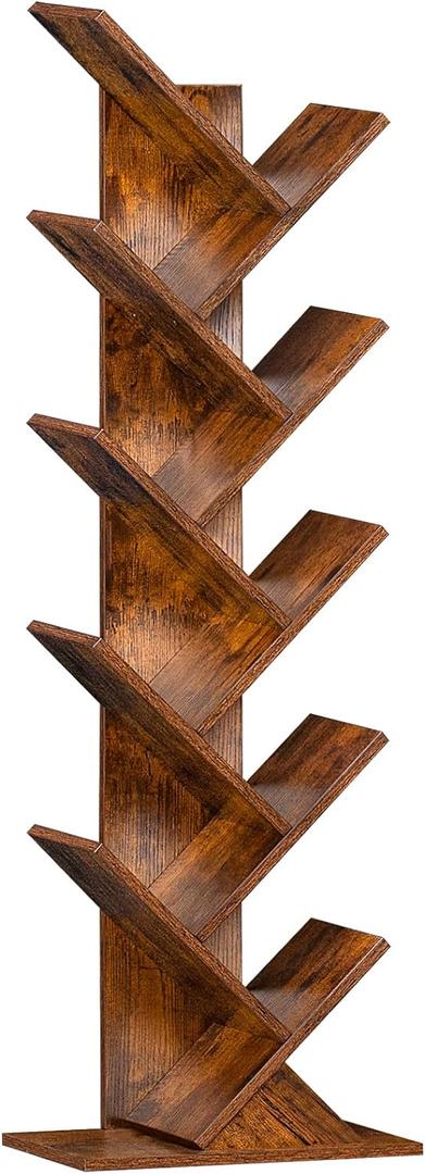 SHEEPAM 10 Tier Tree Book Shelf, Floor Standing Wood Bookshelf for Narrow Space, Storage Organizer Bookshelves for Books/CDs/Magazine, Bookcase with Shelves for Home Office, Living Room - Brown